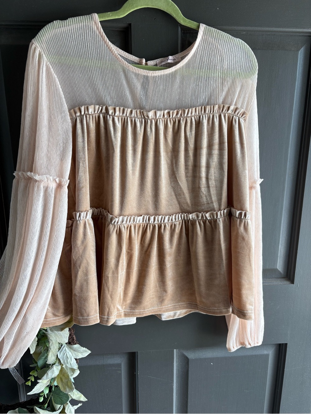 Peplum Velvet and Mesh Long-Sleeve Top in Beige